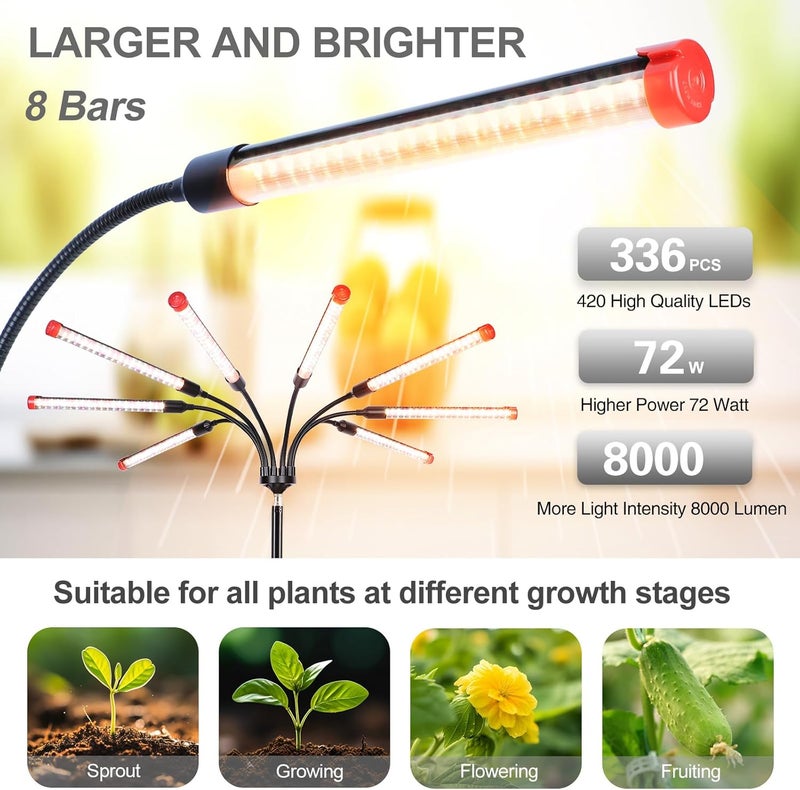 FECiDA Gamechanger! 72W, NOT 24W, Bright Beyond Your Imagination, 8Head Stand Grow Lights for Indoor Plants, 2025 Big Coverage Full Spectrum LED Plant Grow Light for Bonsai Tree, Tall Plant, 4,8,12 Hr Timer - Image 5